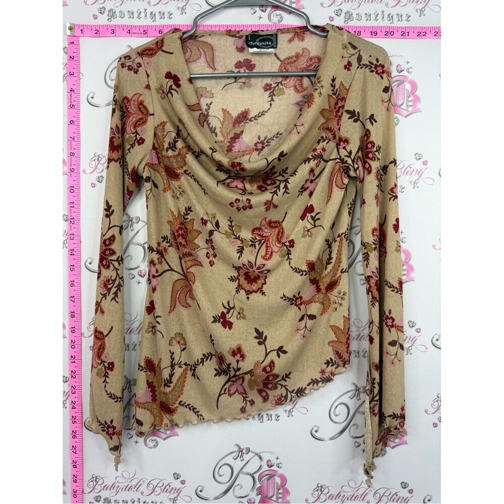 Dynamite fairy hem long sleeve vintage y2k Beige Floral Paisley Cowl Neck Top